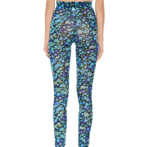 GANNI - Blue Floral Sheer Leggings - Sky Captain Printed Mesh - S - Picture 5 of 12
